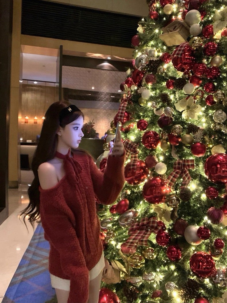 Tue. 氣質過節 聖誕vibe斜領純慾毛衣 紅/白