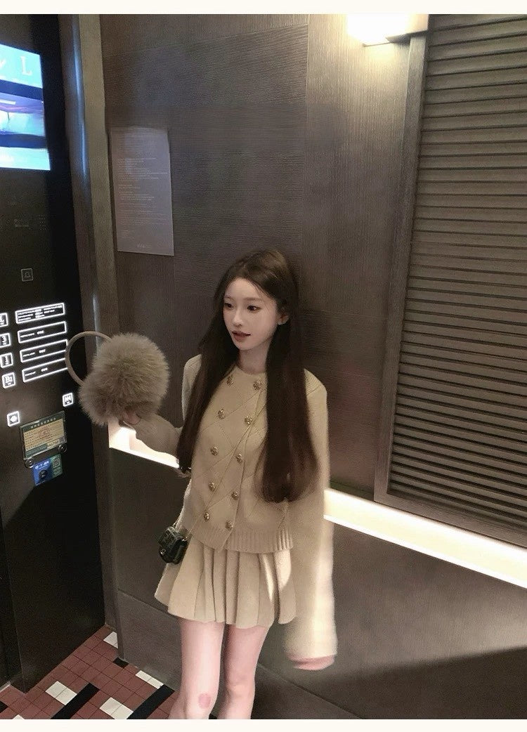 Tue. 月下桂色慵懶雙排扣針織百褶裙套裝