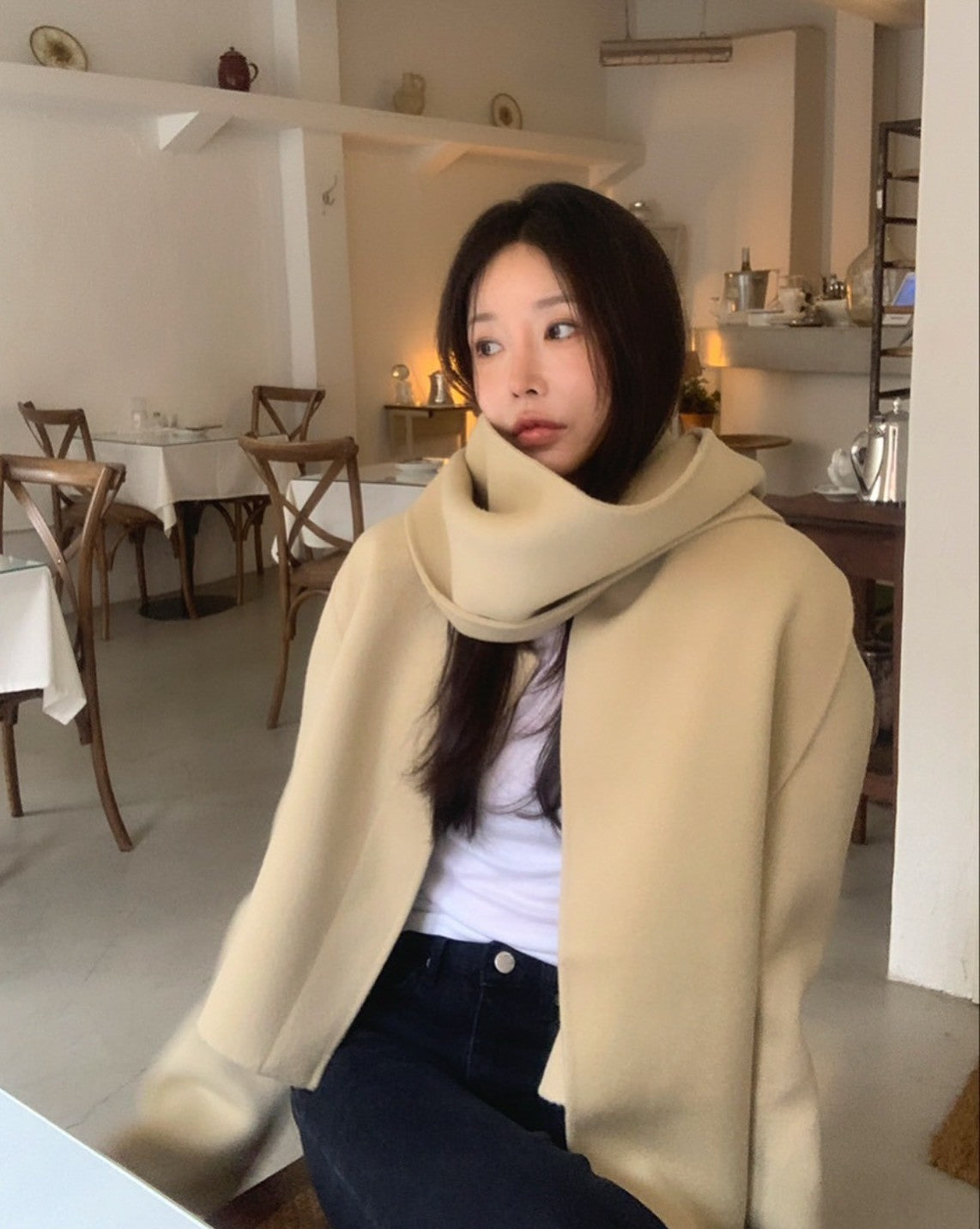 Mon. 各色百搭!優雅圍巾外套兩件套 奶卡