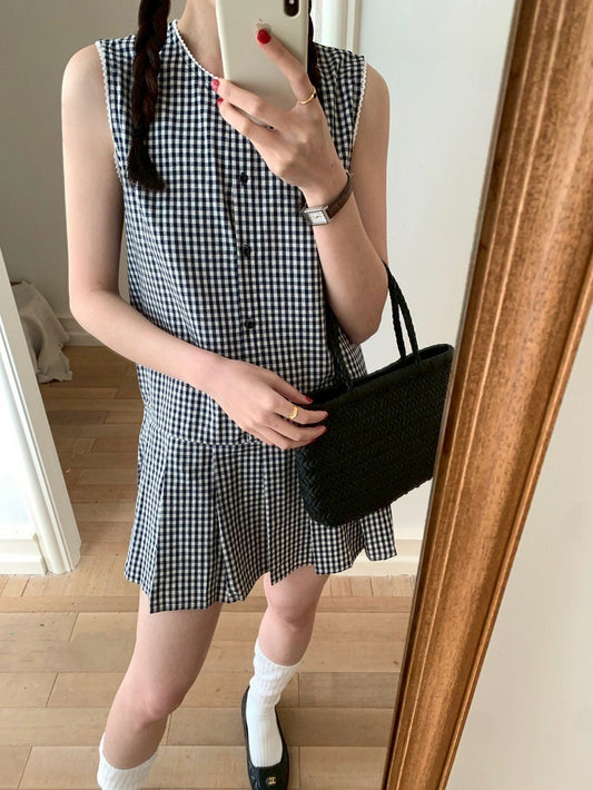 Mon. 小清新俏皮感兩花色選背心拼接連身裙 格紋/白