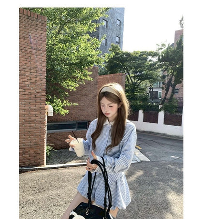 Tue. 冷調錫藍格紋花苞裙套裝