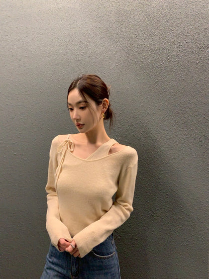 Mon. 不規則設計針織拼接長袖上衣 杏/黑