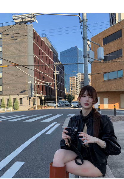 Thu. 氣質雲朵燈籠袖立領短款皮夾克