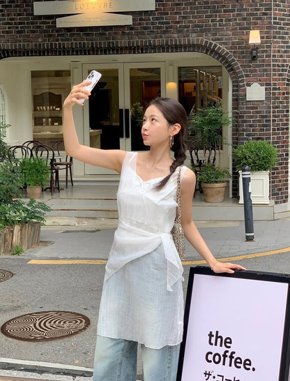 Tue. 極簡穿肌理透視背心2件組 白/咖