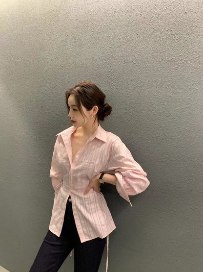 Mon. 個性翻領收腰抽繩可調襯衫 粉/白