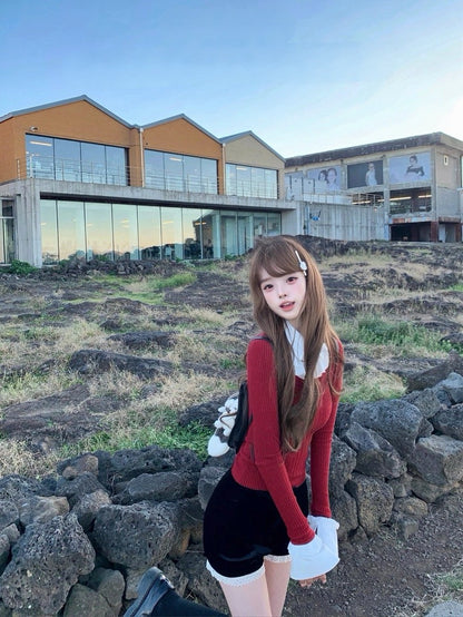 Tue. 松間煙花 學院假兩件式撞色襯衫上衣 櫻桃紅/燕麥藍