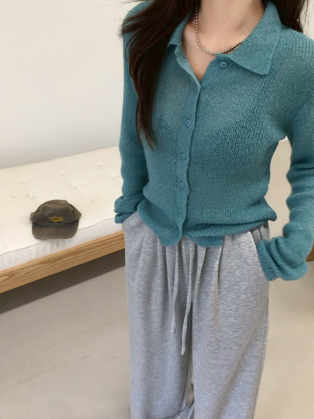 Mon. 韓女慵懶感特殊機法微透視針織襯衫 湖藍/灰