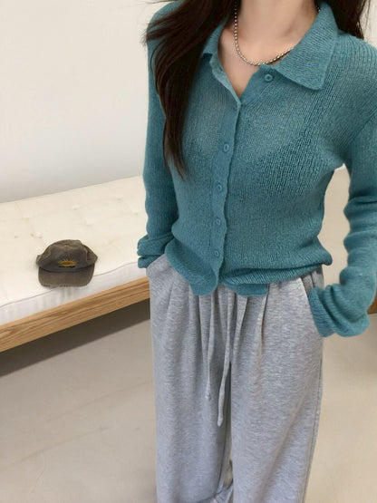 Mon. 韓女慵懶感特殊機法微透視針織襯衫 湖藍/灰