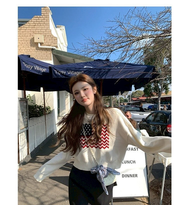 Thu. 一眼街拍美式印花圓領可愛毛衣 杏