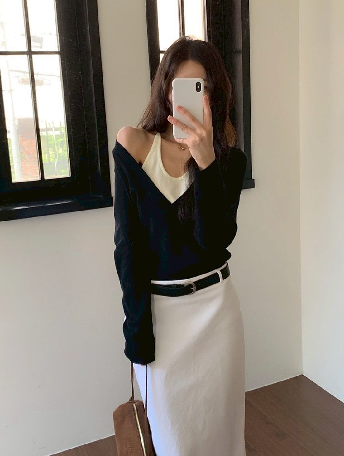 Fri. 氣質假兩件式撞色針織上衣 黑拼白/灰拼色