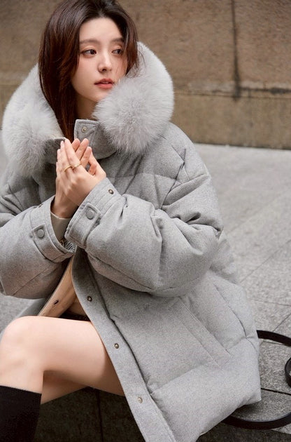 Thu. 安心90白鴨絨斜紋吐司毛毛連帽羽絨外套