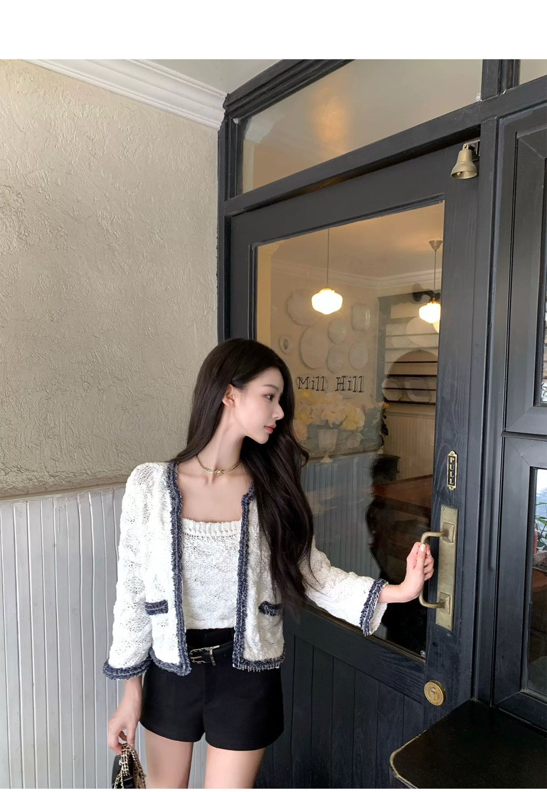 Thu. 小香特種紗牛仔藍撞色針織背心外套2件組