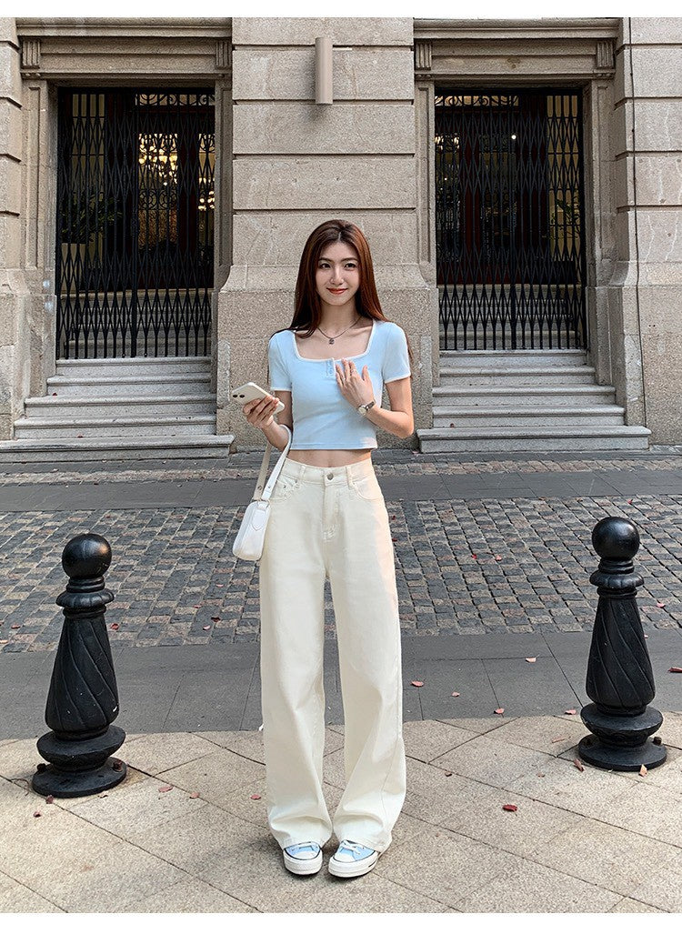 Tue. 休閒小白褲 日常百搭高腰直筒褲