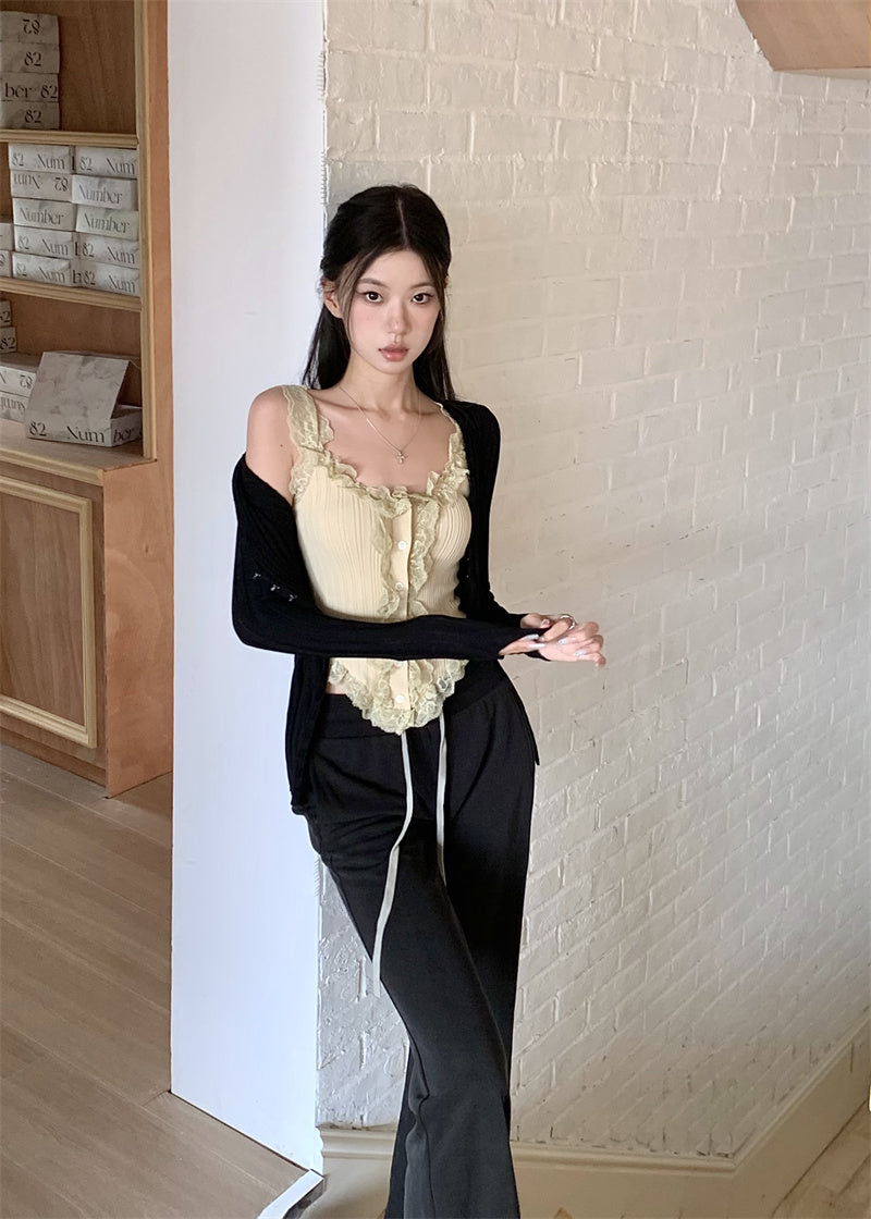 Fri. 復古蕾絲繞邊馬甲背心 卡其/黑