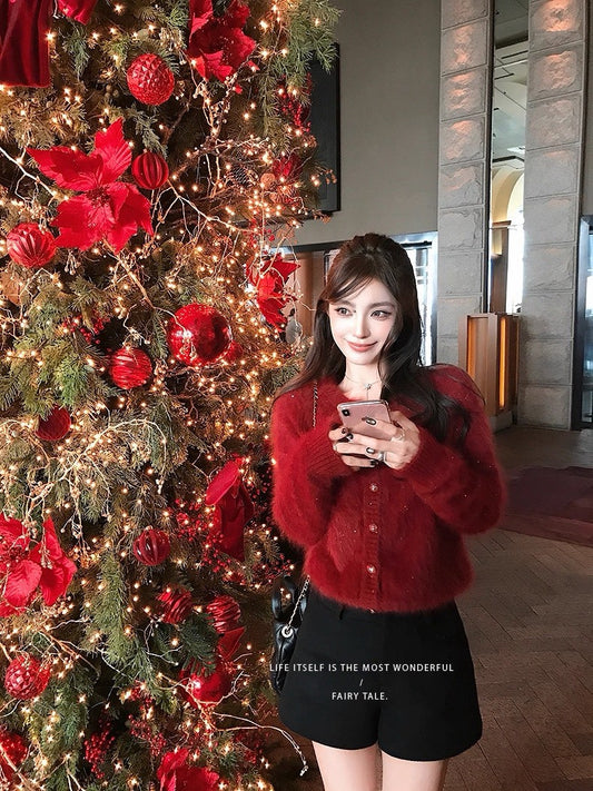 Tue. Wink絨感鎏金仿兔絨亮紗紅開衫