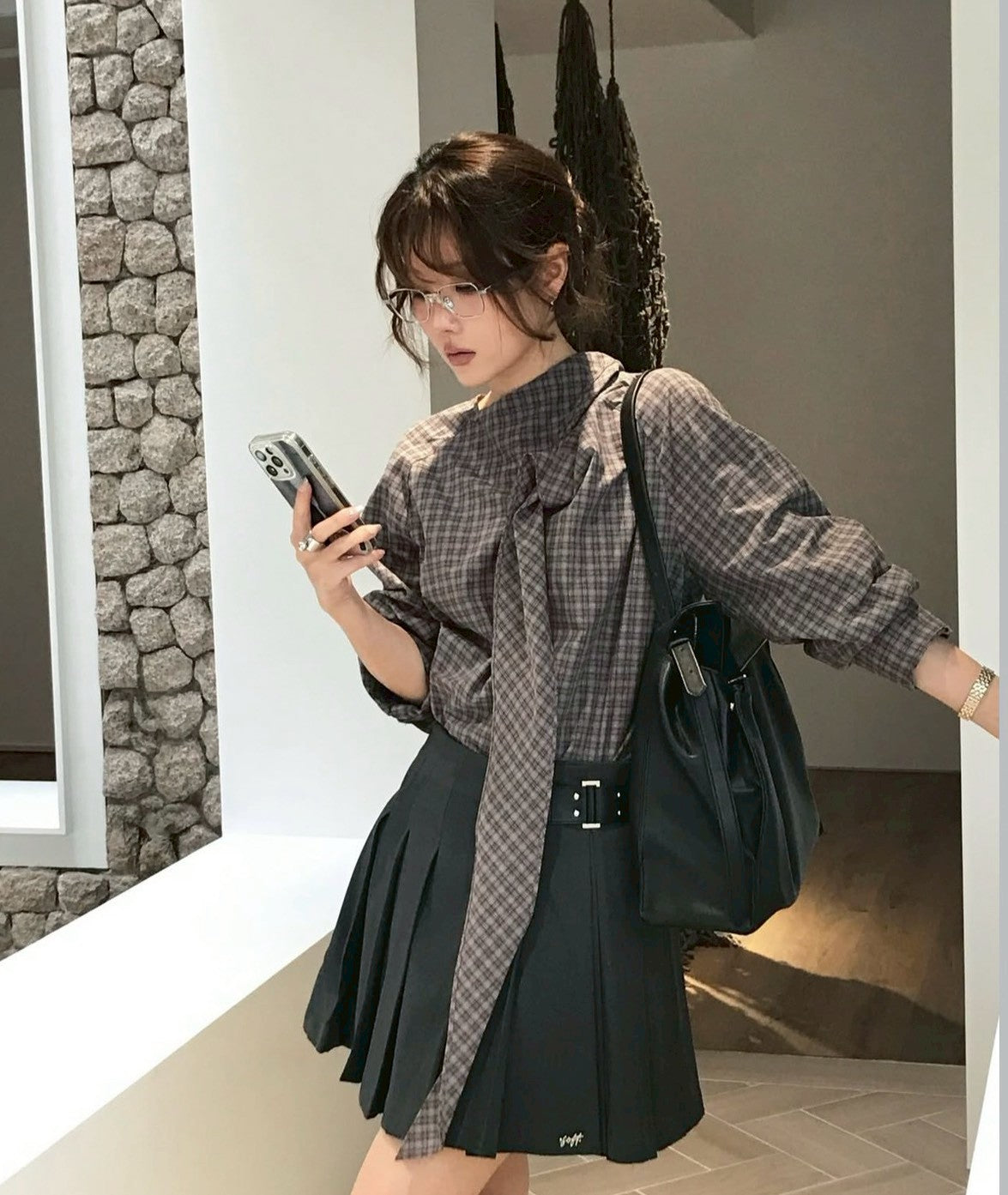 Mon. 復古格紋飄帶襯衫