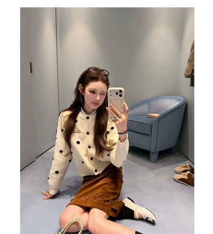 Tue. 雪夜遊樂園韓系波點撞色針織外套 白/黑