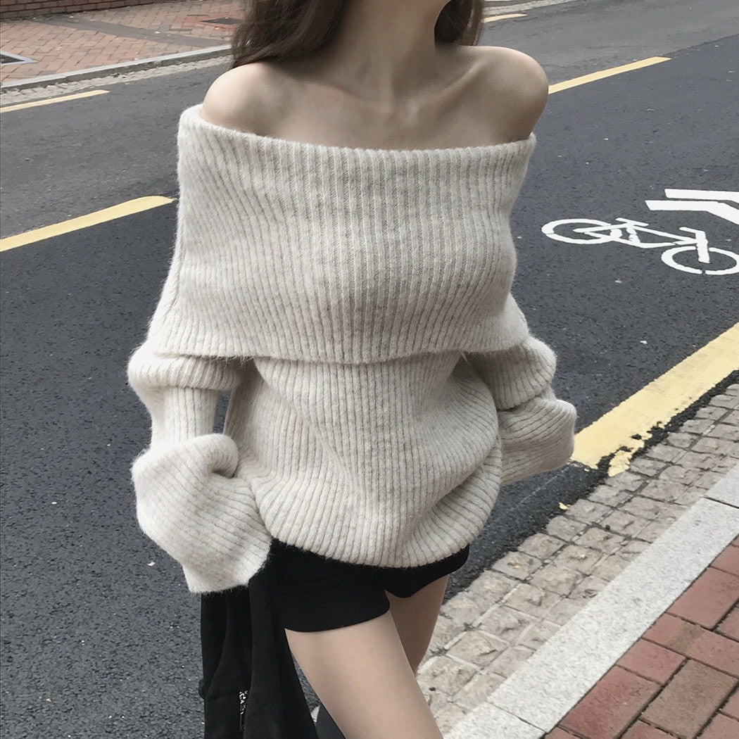 Mon. 穿不膩一字領針織上衣 杏/花灰