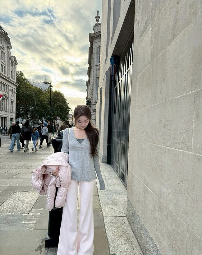 Fri. 高克重冬褲 銀狐絨寬腰抽繩喇叭褲 粉/咖