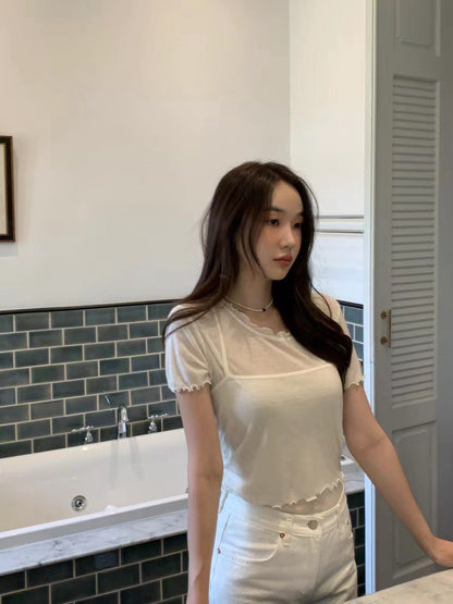 Thu. 顯嫩少女波浪袖兩件式疊穿上衣 米白/粉色