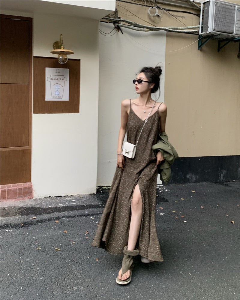 Thu. 復古v領連身長裙 復古排扣背心