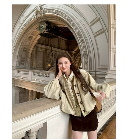 Thu. 明媚香港 復古花苞圓領夾克 卡其