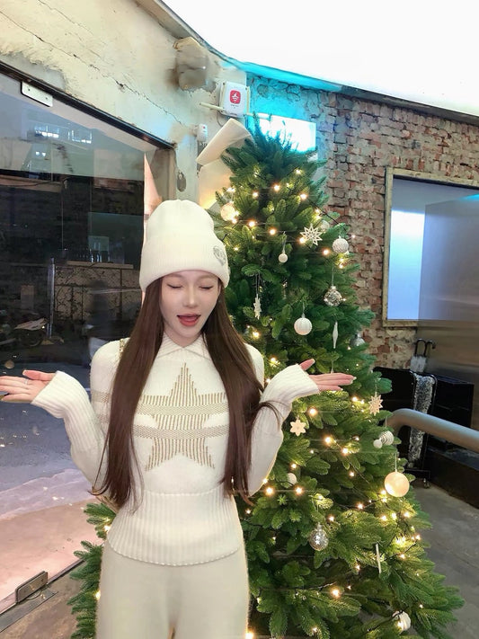 Tue. 1月幸運星 可愛滑雪系列翻領針織上衣