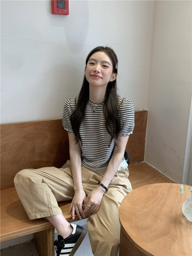 Wed. 編織流蘇繞邊條紋上衣