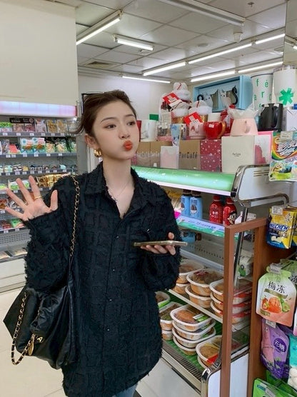 Tue. 小香粗呢鬚邊方格寬鬆襯衫 黑