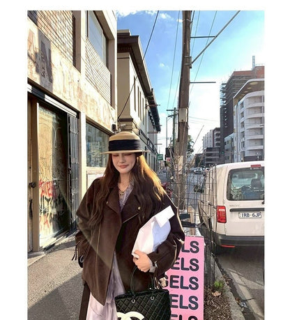 Thu. 博西雅重工時髦休閒皮衣夾克 棕