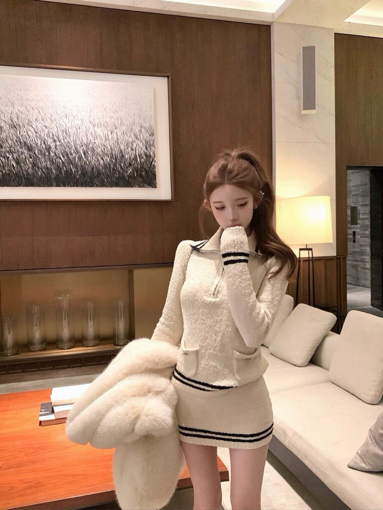 Tue. 小香滑雪系列 高允真同款立領雪道針織套裝 （撞色米白）