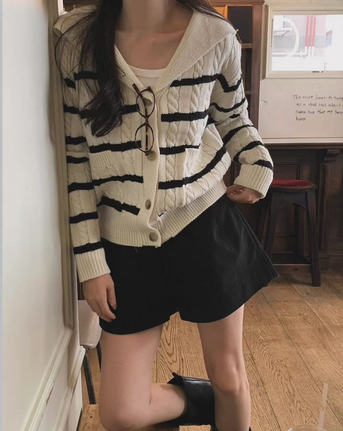 Mon. 慵懶C位海軍領條紋2穿針織外套