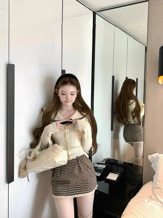 Tue. 韓女冬日海軍風撞色針織上衣 千鳥格紋裙