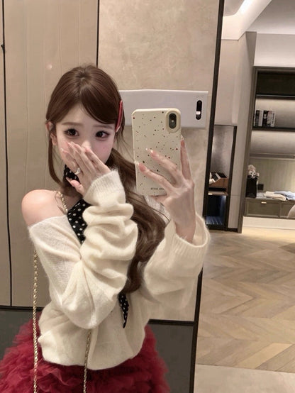 Tue. 糯糯雪餅 柔軟海馬絨暗紋寬鬆毛衣2色/喜氣網紗蛋糕裙