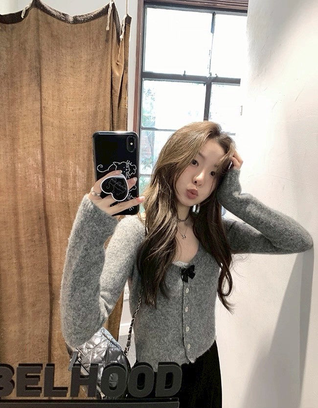 Fri. 可愛奈梨千金軟糯羊駝毛針織開衫 灰/杏