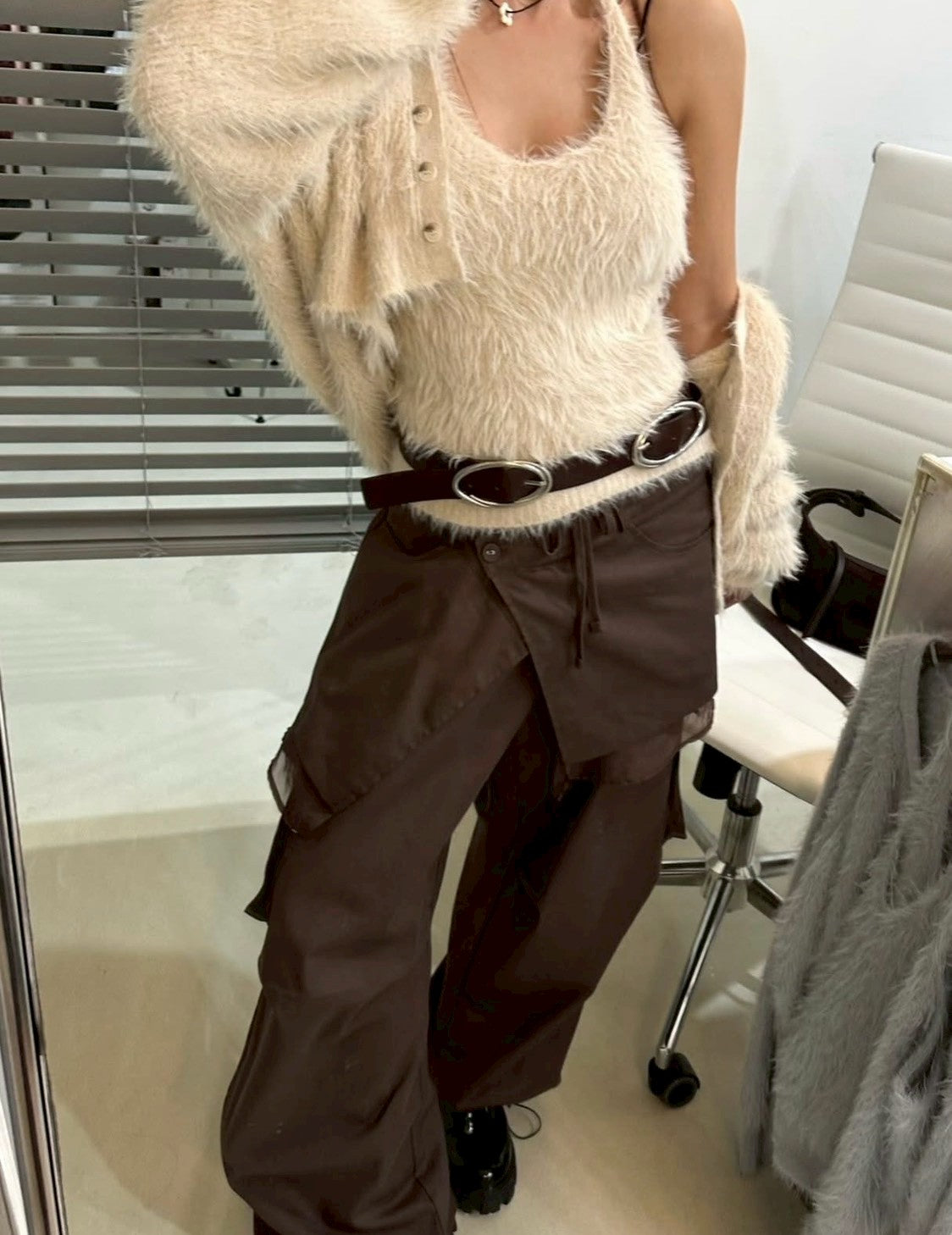 Mon. 歐美水貂毛鬆弛感上衣2件套 米/灰