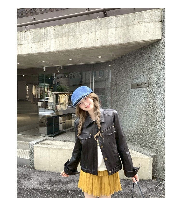 Thu. 黑皮手冊翻領中短款修身皮革外套