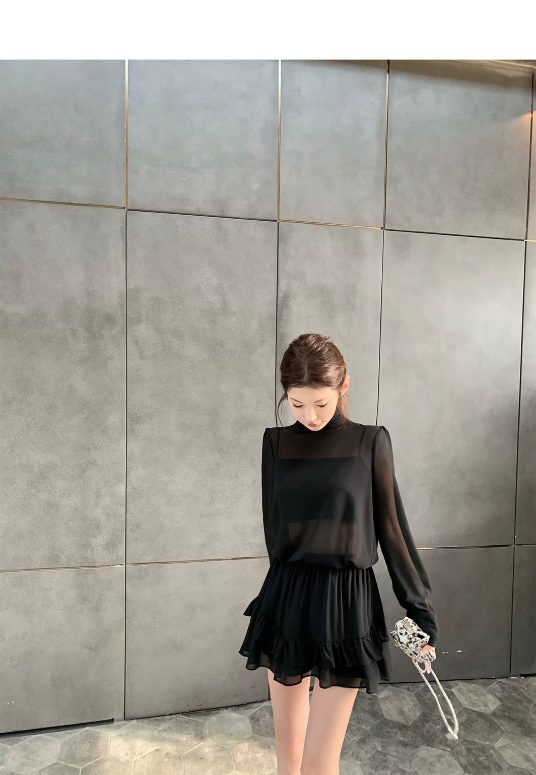 Thu. 屋頂Y*L Rose風長袖雪紡上衣2件組 荷葉半身裙 黑