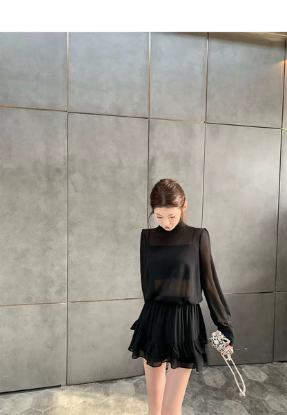 Thu. 屋頂Y*L Rose風長袖雪紡上衣2件組 荷葉半身裙 黑