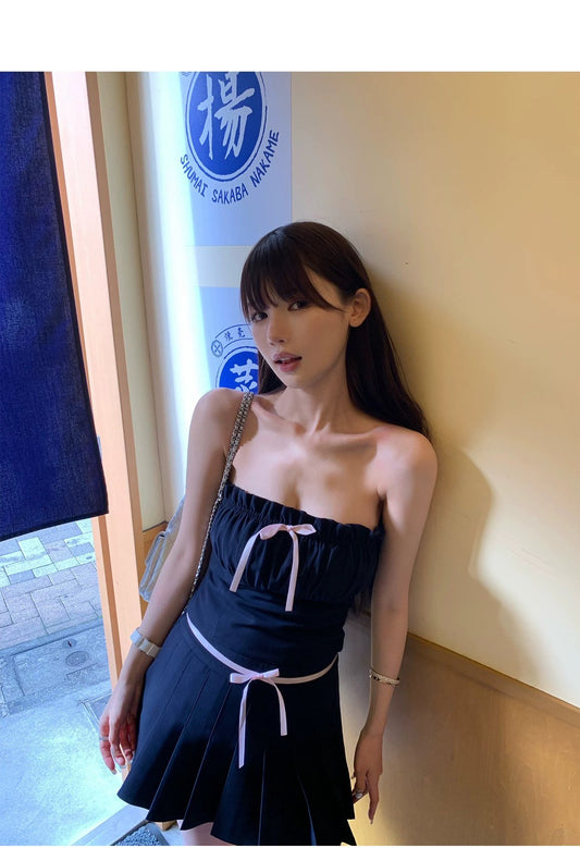Fri. 藏青蝴蝶結少女 抓皺抹胸百褶裙套裝