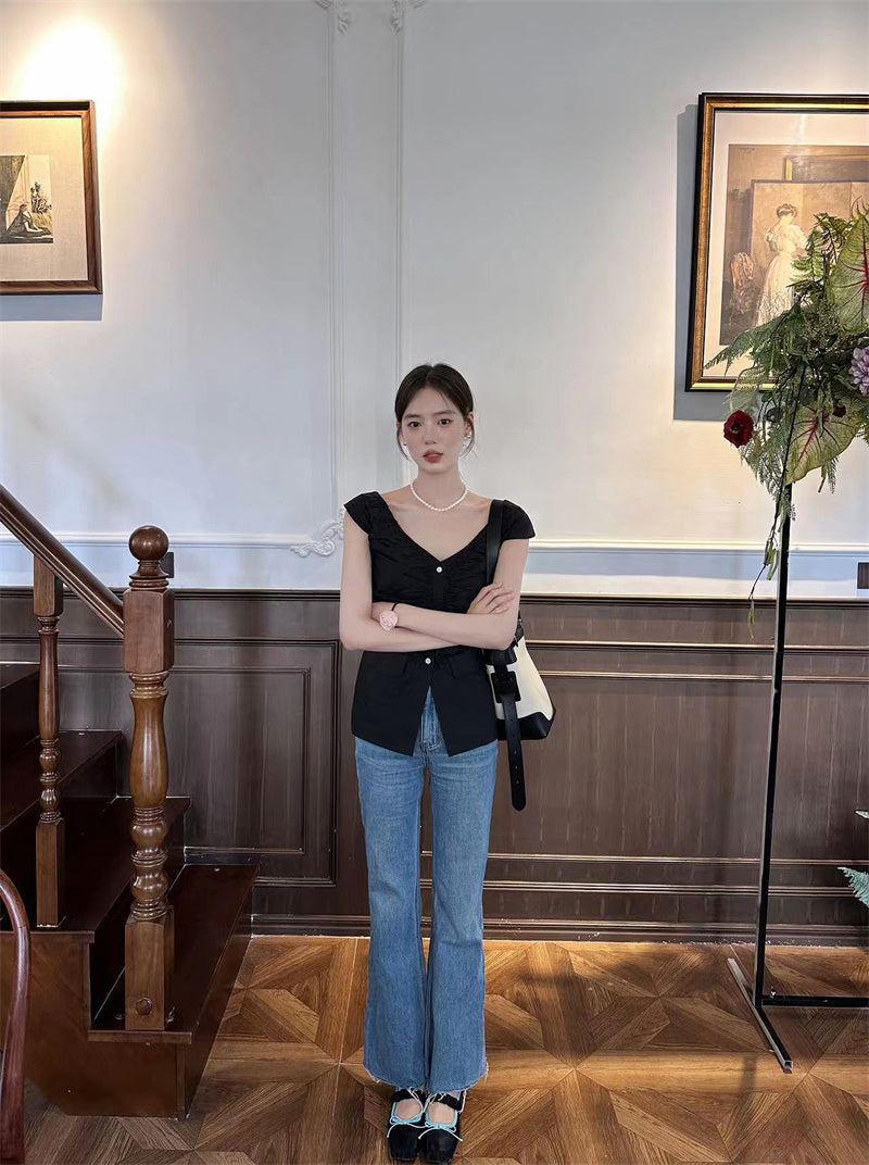 Thu. 法式抓皺大領上衣 黑