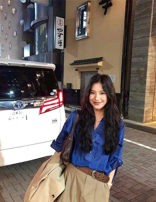 Mon. 寶石藍萾麻棉寬鬆慵懶襯衫