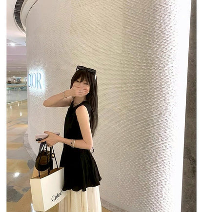 Mon. 夏日奧黛麗 優雅廓形黑色背心上衣 蕾絲半身裙套裝