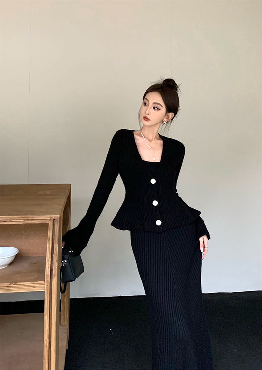 Wed. 優雅法式收腰針織開衫 方領連身裙 黑