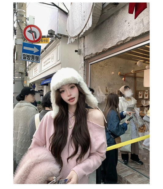 Mon. 元英白月光 韓女慵懶斜肩針織套裝 粉