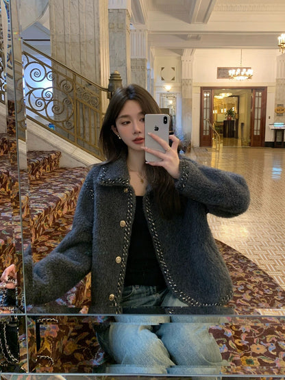 Fri. 灰金系列低奢老錢粗編毛衣外套