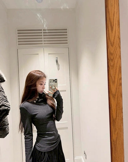 Mon. 時髦肩章高領打底針織衫 灰/黑