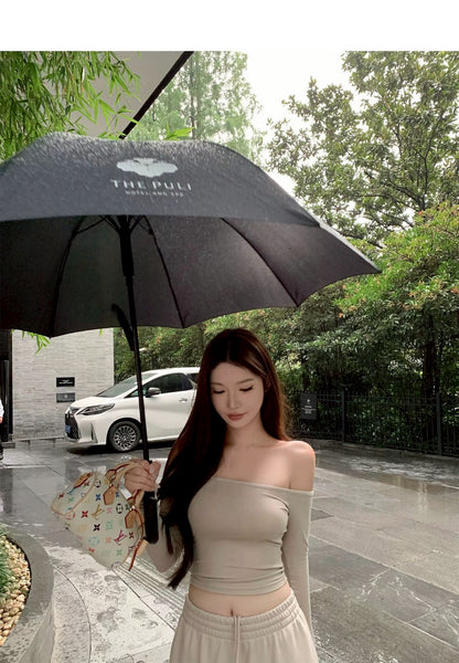 Tue. 韓女一字領顯瘦長袖上衣 鬆緊休閒褲 杏