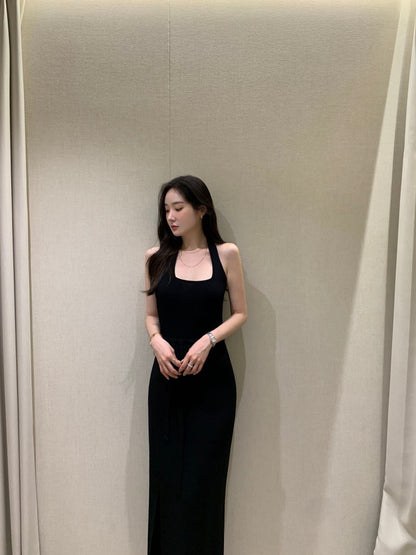 Tue. 帶氛圍氣質開叉掛脖針織連身裙套裝 黑