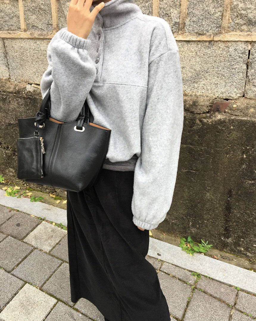 Mon. 日系氛圍鈕扣領慵懶長袖上衣 灰/咖